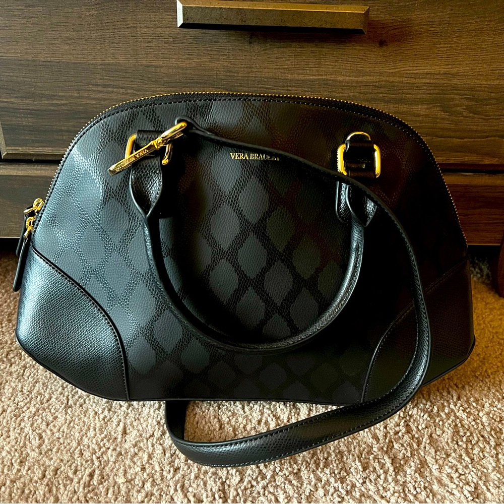 Vera Bradley Black Leather Angled Bowler Bag